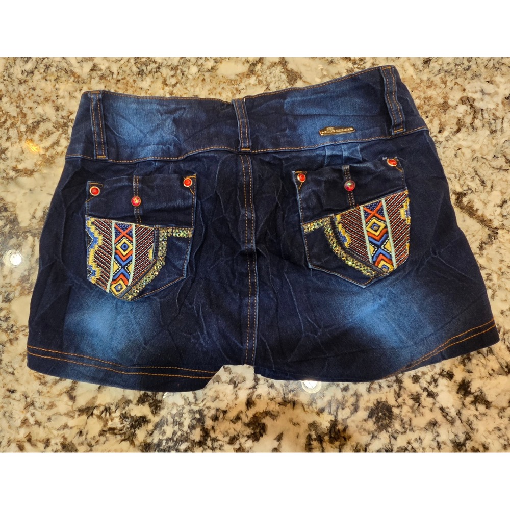 Kids Dark Wash Embroidered Southwestern Denim Shorts Size 12 High Waisted
